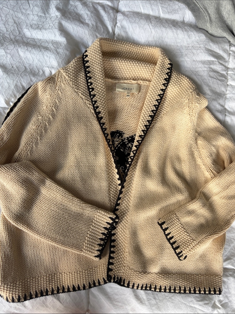 The Great Cream Open-Front Cardigan with Black Trim